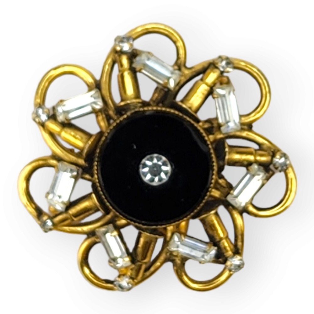 Freirich Brooch Gold Tone OS Gold Black Clear Rhinestone Baguette Vintage Pin